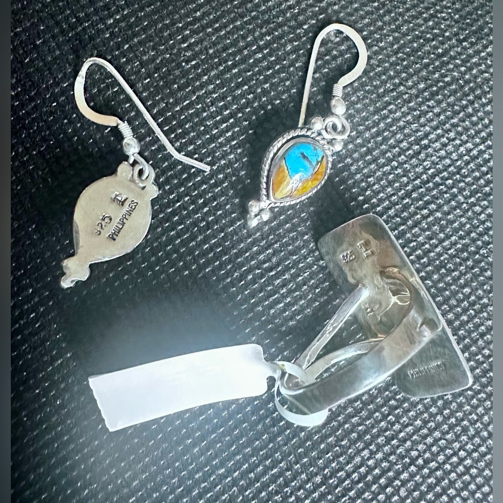 Kingman Turquoise and Spiny Oyster Ring 8 and perfectly matching Earrings SS NWT - Picture 6 of 7